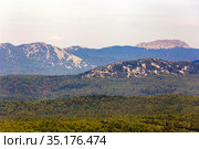 panorama of the Ural mountains of the Taganai ridge of the Chelyabinsk region view from the Aleksandrovskaya Sopka on a sunny summer day. Стоковое фото, фотограф Акиньшин Владимир / Фотобанк Лори
