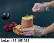 Male chef slices Tete de moine cheese on Girolle, conception of cooking dishes in a restaurant, delicatessen. Стоковое фото, фотограф Алексей Голованов / Фотобанк Лори