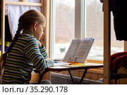 Школьница внимательно читает задание в учебнике выполняя домашнее задание сидя у окна. Стоковое фото, фотограф Иванов Алексей / Фотобанк Лори