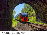 Пригородный дизель поезд на Кругобайкальской железной дороге. Стоковое фото, фотограф Виктор Никитин / Фотобанк Лори