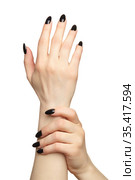 Female hands with black nails manicure isolated on white background. Стоковое фото, фотограф Сергей Пристяжнюк (Serg Zastavkin) / Фотобанк Лори