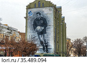 Граффити со Львом Яшиным на Народной улице в Москве (2021 год). Редакционное фото, фотограф Владимир Сергеев / Фотобанк Лори