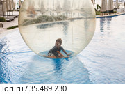 Little boy have fun inside big plastic balloon on the water of swimming pool on the summer resort. Kid inside big inflatable transparent ball running and having fun. Стоковое фото, фотограф Nataliia Zhekova / Фотобанк Лори