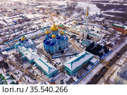 Aerial view of the Nativity-Bogoroditsky monastery surrounded by residential buildings in Zadonsk. Стоковое фото, фотограф Яков Филимонов / Фотобанк Лори