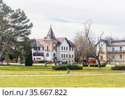Hotel Hullam was opened in 1894. The Hotel is located on the shores of Lake Balaton in Keszthely, Zala county, Western Transdanubia, Hungary, Europe. Стоковое фото, фотограф Николай Коржов / Фотобанк Лори