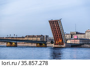 View of the divorced Liteyny Bridge on a white night. Saint Petersburg, Russia (2019 год). Стоковое фото, фотограф Наталья Волкова / Фотобанк Лори