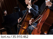 Two cellists playing the cello during a performance. Стоковое фото, агентство Ingram Publishing / Фотобанк Лори