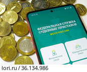 Мобильное приложение службы судебных приставов на экране телефона (2021 год). Редакционное фото, фотограф Татьяна Т / Фотобанк Лори