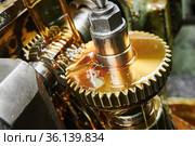 metalworking gear wheel machining with hob and oil lubrication. Стоковое фото, фотограф Дмитрий Калиновский / Фотобанк Лори