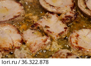 Frying marinated pork in copious quentities of oil in a pan. Стоковое фото, фотограф Tamara Kulikova / Фотобанк Лори