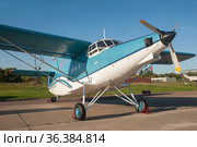 Одномоторный российской винтовой самолёт ТР-301 (модернизированный Ан-2) бортовой номер RA-17908 на Международном авиасалоне МАКС-2019 в Жуковском, Россия, вид справа-спереди. Редакционное фото, фотограф Малышев Андрей / Фотобанк Лори
