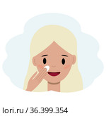 Illustration of the face of a young woman applying cream to her face. Facial skin care concept. Стоковая иллюстрация, иллюстратор Allika / Фотобанк Лори