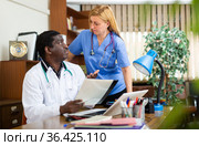 Two focused doctors discussing medical histories of patients. Стоковое фото, фотограф Яков Филимонов / Фотобанк Лори