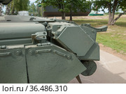 Задняя часть корпуса российского основного газотурбинного танка Т-80У-Е1 на полигоне "Алабино" в парке "Патриот", Международный военно-технический форум "Армия-2019" Редакционное фото, фотограф Малышев Андрей / Фотобанк Лори