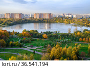 Москва, Орехово-Борисово Северное, вид сверху на парк "Борисовские Пруды" (2020 год). Стоковое фото, фотограф glokaya_kuzdra / Фотобанк Лори
