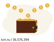 Illustration of a wallet full of coins with the image of cryptocurrency. Стоковая иллюстрация, иллюстратор Allika / Фотобанк Лори
