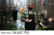 Winery worker checks the pressure in a steel barrel. Стоковое видео, видеограф Яков Филимонов / Фотобанк Лори