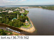 Aerial view of Uglich on Volga river overlooking Kremlin Cathedrals in summer. Стоковое фото, фотограф Яков Филимонов / Фотобанк Лори