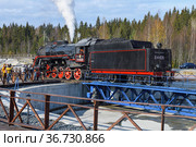 Паровоз Л-4429 (локомотив "Рускеальского Экспресса") съезжает с разоворотного круга солнечным октябрьским днем. Рускеала, Карелия (2017 год). Редакционное фото, фотограф Виктор Карасев / Фотобанк Лори