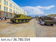 Russia, Verkhnyaya Pyshma, July 2021: heavy armored military equipment at the site of the Military Glory Museum of the Urals. Редакционное фото, фотограф Акиньшин Владимир / Фотобанк Лори