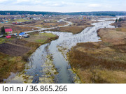 Aerial view of the winding river and the village of Karpysak in Siberia in autumn (2021 год). Стоковое фото, фотограф Сергей Фролов / Фотобанк Лори