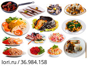 View of many plates with tasty food over white background. Стоковое фото, фотограф Яков Филимонов / Фотобанк Лори