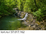 Кавказские горы. Река Дикарка и Змейковские водопады. Вид с воздуха. Caucasus Mountains. Dikarka River and the Zmeykovsky waterfalls. Aerial view. Стоковое фото, фотограф Евгений Романов / Фотобанк Лори