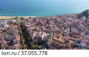 Scenic aerial panoramic view of modern Barcelona cityscape on Mediterranean coast with marina at summer twilight, Spain. Стоковое видео, видеограф Яков Филимонов / Фотобанк Лори