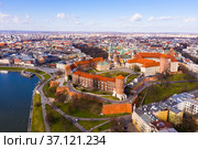 View from drone of Wawel Castle, Krakow, Poland. Стоковое фото, фотограф Яков Филимонов / Фотобанк Лори