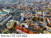 View from drone of Liberec, Czech Republic. Стоковое фото, фотограф Яков Филимонов / Фотобанк Лори