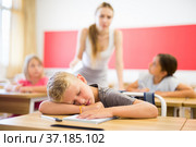 Bored tween boy sleeping at desk in classroom during lesson. Стоковое фото, фотограф Яков Филимонов / Фотобанк Лори