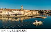 Aerial view of historic Adriatic town of Krk , Island of Krk, Kvarner bay of Adriatic sea, Croatia, Europe. Стоковое фото, фотограф Matej Kastelic / Фотобанк Лори