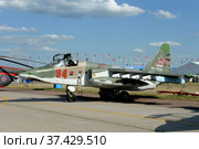 Российский бронированный военный дозвуковой самолёт-штурмовик Су-25СМ3 "Суперграч" Frogfoot на Международном авиасалоне салоне МАКС-2021 в Жуковском, Россия. Редакционное фото, фотограф Free Wind / Фотобанк Лори