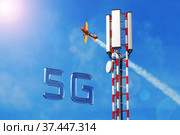 5d network development concept. Closeup aerial view around of the telecommunication tower. Communication modern radio network concept. 3d render. Стоковая иллюстрация, иллюстратор Alexander / Фотобанк Лори
