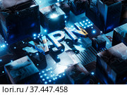 VPN concept illustration. Abstract electrical circuit. The vpn inscription floats in the air among electrical circuits. 3D rendering. Стоковая иллюстрация, иллюстратор Alexander / Фотобанк Лори