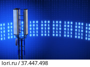 Cell tower on a digital background. Mobile station. Communication concept 6d, 5d. 3d render. Стоковая иллюстрация, иллюстратор Alexander / Фотобанк Лори