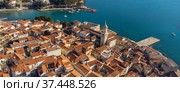 Aerial view of historic Adriatic town of Krk , Island of Krk, Kvarner bay of Adriatic sea, Croatia, Europe. Стоковое фото, фотограф Matej Kastelic / Фотобанк Лори