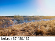 Blue wide river overflowed into fields in spring. Стоковое фото, фотограф Дарья Трофимова / Фотобанк Лори