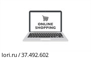 Online shopping concept with laptop and shopping cart. 4k motion design. Стоковое видео, видеограф Денис Калетник / Фотобанк Лори