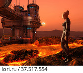 3d render of a magnificent view of volcano station among volcanic terrain surrounded by lava sea on some alien planet. Стоковая иллюстрация, иллюстратор Вероника Суровцева / Фотобанк Лори