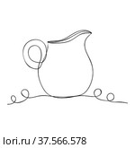 Milk jug silhouette. One continuous line drawing. Tea time. Creamer jug for serving with coffee or tea. Design element for cafes, food delivery sites and restaurants. Sketch in minimalist style. Силуэт молочного кувшина. Рисунок одной сплошной линией. Время чая. Кувшин для сливок для подачи к кофе или чаю. Элемент дизайна для кафе, сайтов доставки еды и ресторанов. Эскиз в стиле минимализм. Стоковая иллюстрация, иллюстратор Dmitry Domashenko / Фотобанк Лори