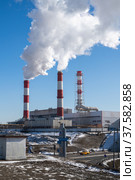 Moscow, Russia - March 9. 2022. Mosenergo Energy Company. CHP 21. Редакционное фото, фотограф Володина Ольга / Фотобанк Лори