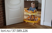 Attractive baby boy playing inside baby walker. Стоковое видео, видеограф Ekaterina Demidova / Фотобанк Лори