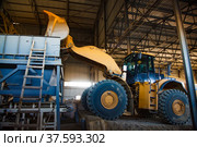 Phosphate fertilizers plant. Caterpillar excavator (bulldozer) loading raw materials (minerals) in machine hopper loader for processing. (2012 год). Редакционное фото, фотограф Alexey Rezvykh / Фотобанк Лори