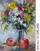 Flowers n a vase and Fruits. oil Paintings. Стоковая иллюстрация, иллюстратор Aleksandra Serova / Фотобанк Лори