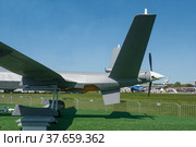 Китайский новый высотный ударный военный БПЛА Wing Loong II на Международном авиасалоне МАКС-2019 в Жуковском, Россия, вид на двигатель слева. Редакционное фото, фотограф Малышев Андрей / Фотобанк Лори