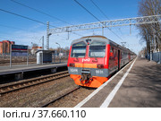 Пригородный электропоезд ЭДМ4М-0031 у платформы станции Гатчина Балтийская солнечным апрельским днем. Ленинградская область (2022 год). Редакционное фото, фотограф Виктор Карасев / Фотобанк Лори
