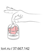 Woman's hand holding bird cage with heart locked in it. Heart in cage. Concept of love relationships. Tenderness, love forever, marriage proposal. Feelings of unrequited love. Sketch, linear drawing. Женская рука держит клетку для птиц с запертым в ней сердцем. Сердце в клетке. Концепция любовных отношений. Нежность, любовь навсегда, предложение руки и сердца. Чувство безответной любви. Эскиз, линейный рисунок. Стоковая иллюстрация, иллюстратор Dmitry Domashenko / Фотобанк Лори