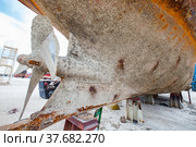 Mangystau, Kazakhstan - May 19, 2012: Caspian Sea, Bautino bay. Old ship on ship-repairing yard. Close up of water propeller. And ship's bottom with shellbacks. Стоковое фото, фотограф Alexey Rezvykh / Фотобанк Лори