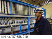 Caustic chemical plant. Chemical engineer in white hardhat and blue protective glasses on electrolysis machine background. (2012 год). Редакционное фото, фотограф Alexey Rezvykh / Фотобанк Лори